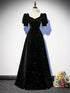Black A-line Velvet Short Sleeves Party Dress, Black Velvet Sweetheart Prom Dress